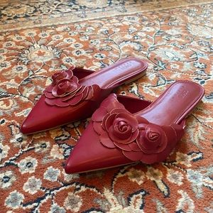 Brand New Burgundy Pointed Toe Flats/Mules with Flower Details